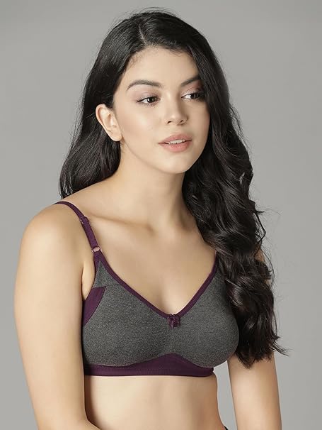 Clovia Women’s Cotton-Rich Dark Grey Wire-Free Full-Cup T-Shirt Bra – Non-Padded Comfort